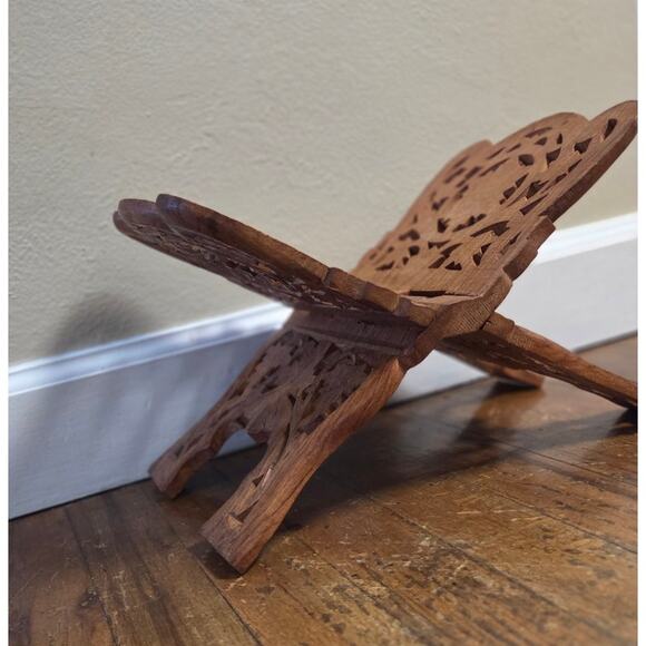 Vintage Carved Wood Folding Book Magazine Holder Stand Display Bible Dictionary - Picture 3 of 10